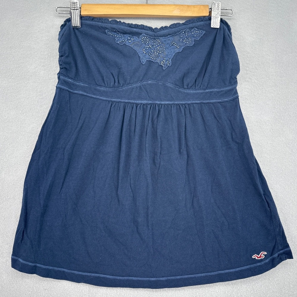 Y2K Hollister Babydoll Blue Beaded Lace Empire Waist Strapless Tube Top M VTG